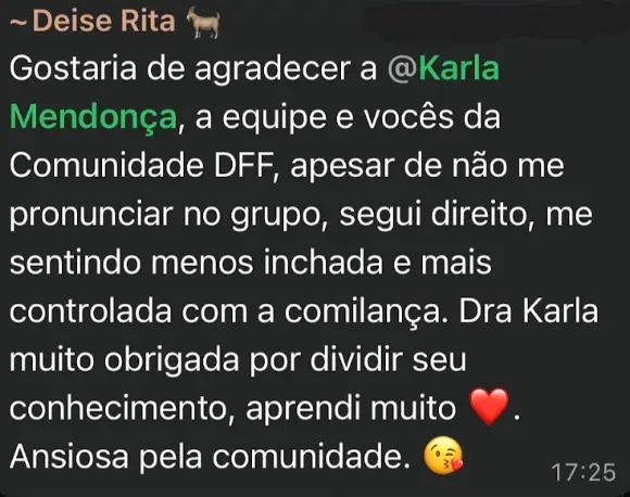 Mensagem de participante agradecendo à equipe e relatando menos inchaço e mais controle com a alimentação